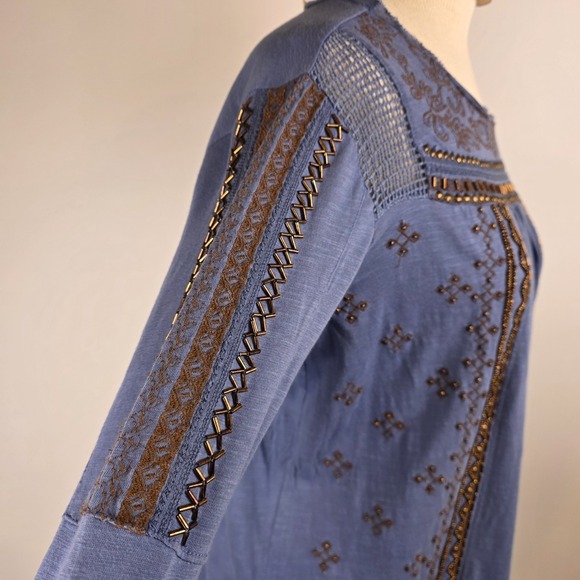 Sundance Women's XS Blue Embroidered Beaded Boho Tunic Top Cotton Hippie Western - Picture 3 of 7